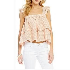 Copper Key Peach/Pink White Gingham Ruffle Blouse